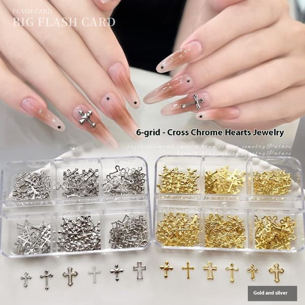 6Grid Nail Charms Metallnit Mix 3D Rhinestone Cross Thin Shee Silver