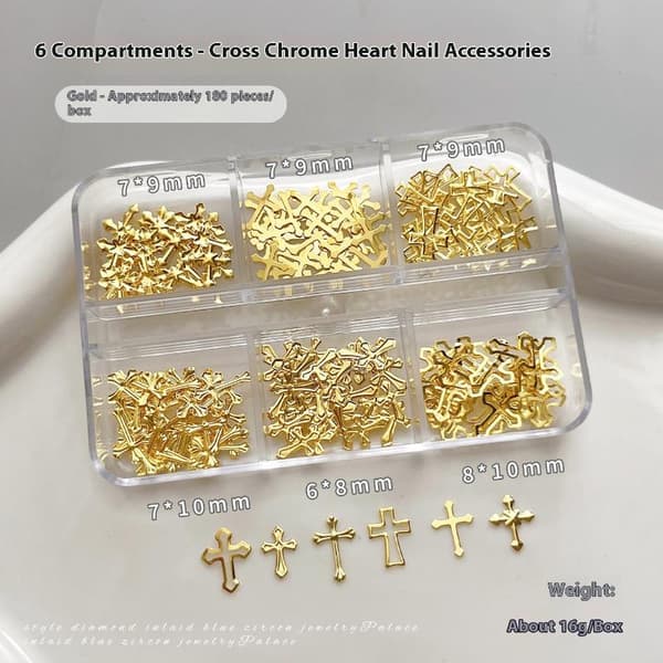 6Grid Nail Charms Metallnit Mix 3D Rhinestone Cross Thin Shee Silver