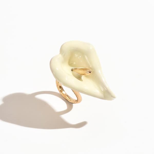 Vintage Farverig Emalje Guld Oliedryp Calla Lilje Blomst Åben R A2