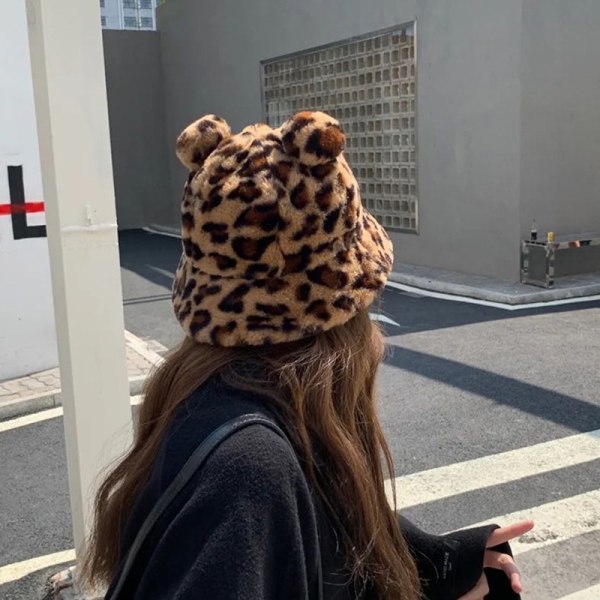 Fashion Efterår Vinter Leopard Pels Bøttehat Bear Ear Ball Plus black A1