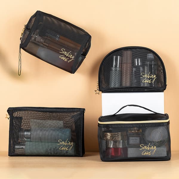 Mesh Makeup Tasker Sort og Hjerte Kosmetisk Taske Bærbar lynlås Black Style 4