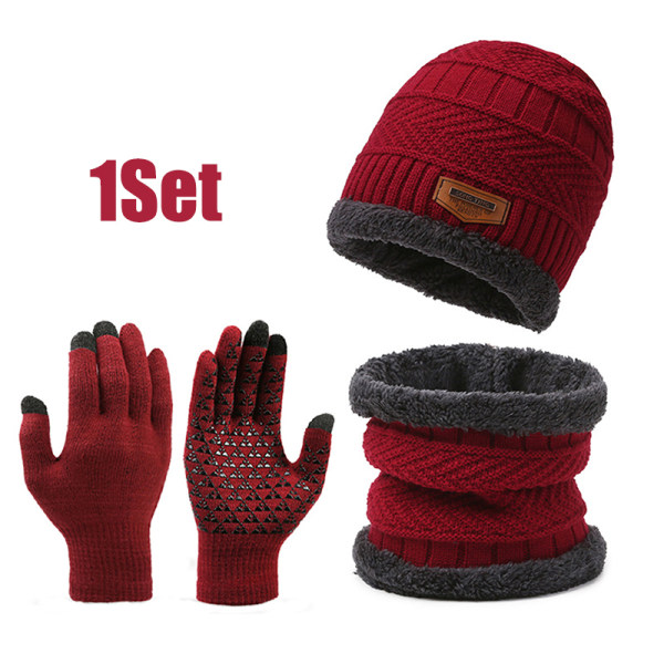 Winter Warm Cap Tørklæde Handske Mænd Termisk vindtæt fortykket Kni Red onesize