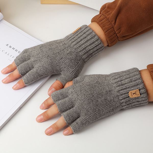 Strikkede Tykke Termiske Halvfingerhandsker Kvinder Mænd Vinter Udendørs Light gray