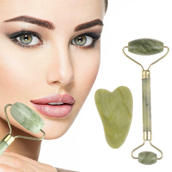 3 sett Roller and Gua Sha Tools by Natural Jade Scraper Massage Green 3 sets