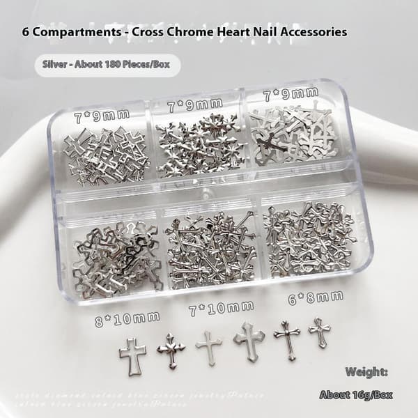 6Grid Nail Charms Metallnit Mix 3D Rhinestone Cross Thin Shee Silver