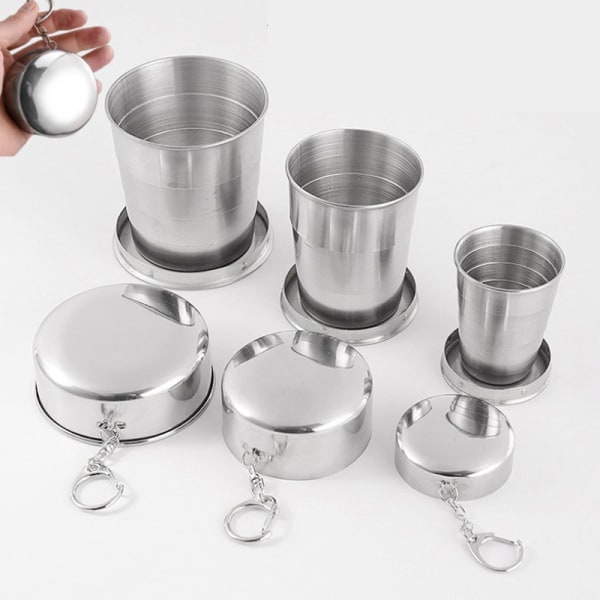 Vikbar kopp i rostfritt stål med nyckelring Bärbar infällbar Silver 150ml