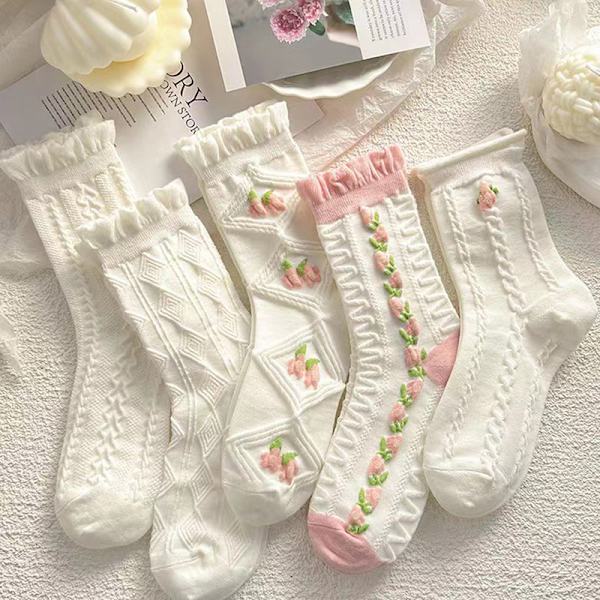 5 Stk/sæt Hvide blomstrede Mid-tube Sokker Dame Trendy Spring Thi White 5 Pieces