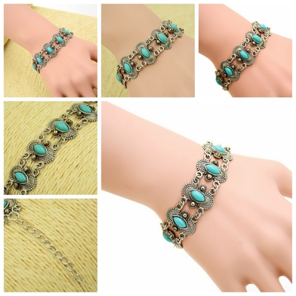 Sexet Bohemian Fashion Dame Sølv Turkis Armring Armbånd Wr