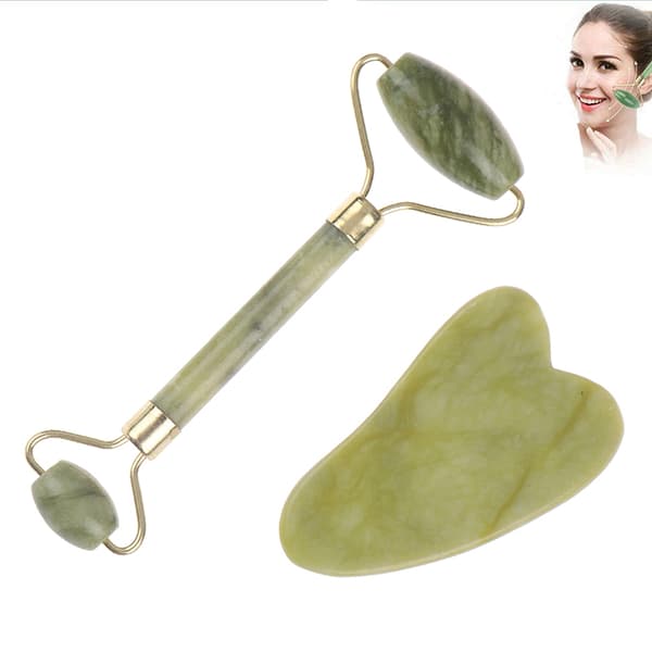 Roller og Gua Sha Tools av Natural Jade Scraper Massasjer med Green 1 sets