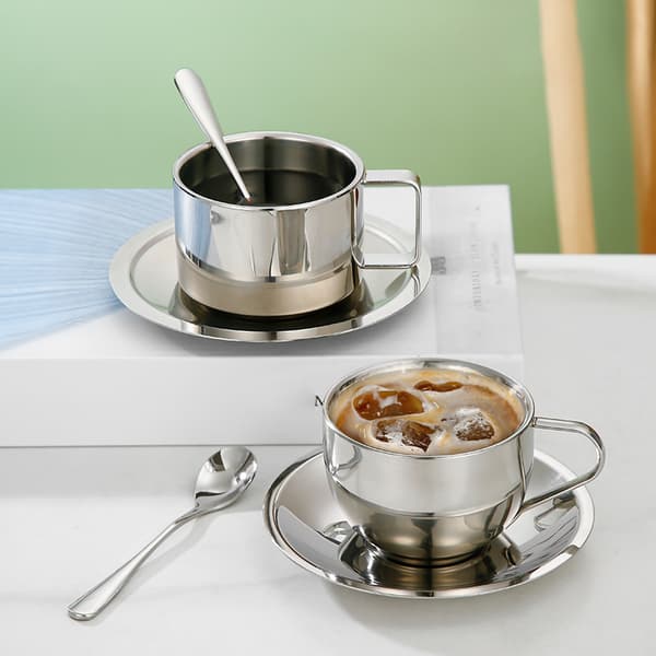 Kaffekopp dobbeltlags varmbestandig kaffekoppsett rustfritt Silver A2