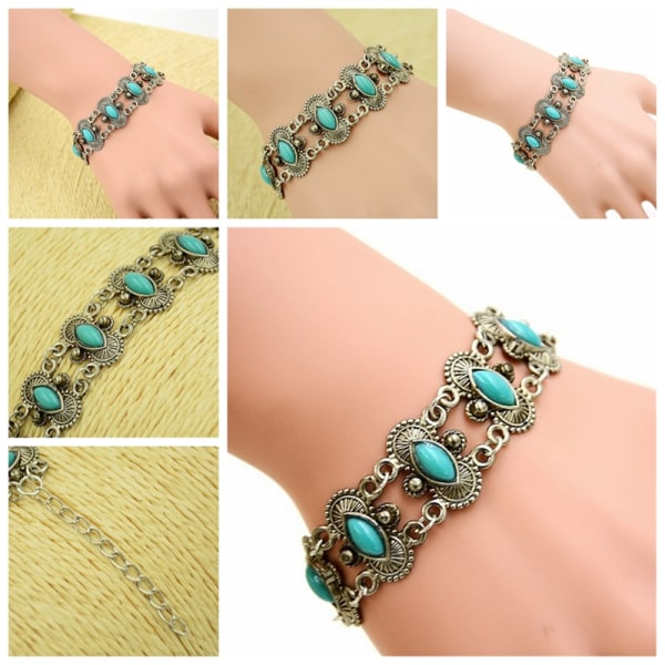 Sexet Bohemian Fashion Dame Sølv Turkis Armring Armbånd Wr