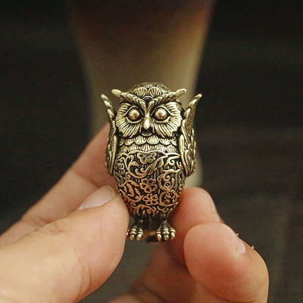 1 stk. antikk solid messing ugle miniatyrfigurer dyre-te-kjæledyr A3
