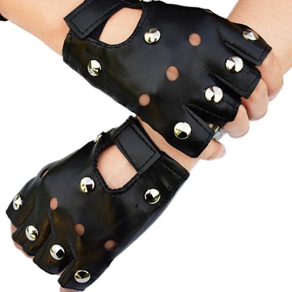 Læder Fingerløse Korte Handsker Sorte Nitter Stud Half Finger M Black One Size