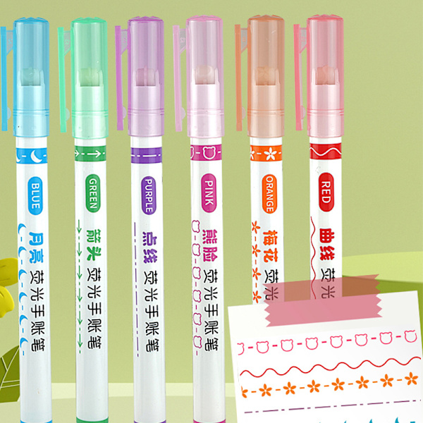 6 kpl Highlighter Marker -kynä Lineaarinen lyijykynä Pitsi Roller Tip Multi A 6pcs