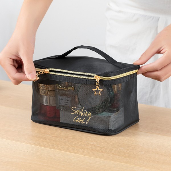 Mesh Makeup Tasker Sort og Hjerte Kosmetisk Taske Bærbar lynlås Black Style 1