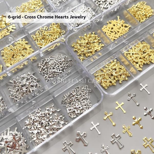 6Grid Nail Charms Metallnit Mix 3D Rhinestone Cross Thin Shee Silver