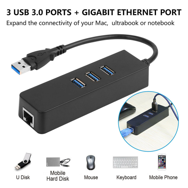 3 porttia USB 3.0 Gigabit Ethernet Lan RJ45 verkkosovitin Hub T Black db64  | Black | Fyndiq