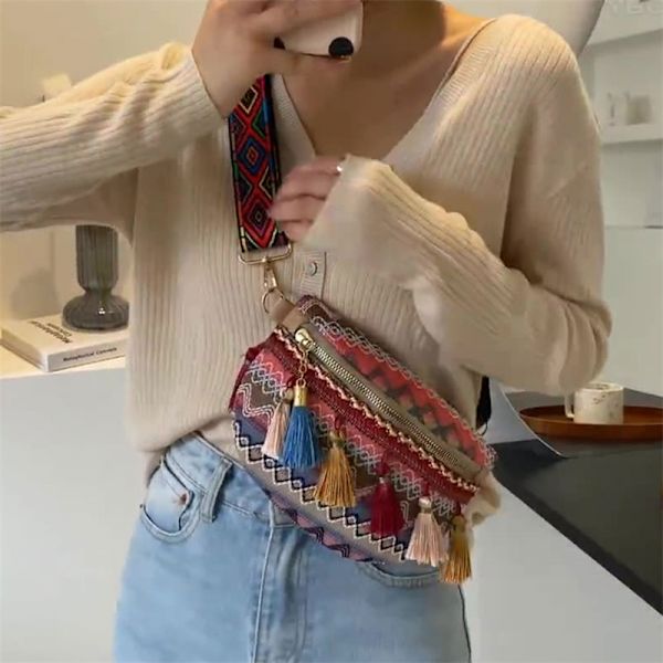 Væve Crossbody Tasker Kvinde Tassel Taljetaske Retro Læder Shou A2 one size