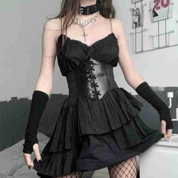 1 Stk Gothic Dark Lace Up Kvinne Midje Korsett Belte Bred PU Leath Black P1