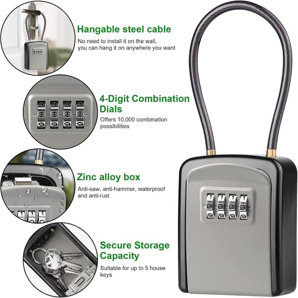 Key Safe, [Weatherproof] Portable Outdoor Key Box with Removable Wire Rope Hanger, Hangable Combination Key Safe Wall Mounted (Grey) Gray