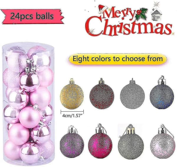 24 rosa julepynt, matt, glitter juletre