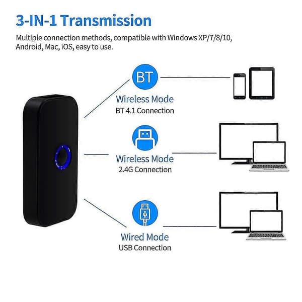 Handhållen 3-i-1 streckkodsläsare 1D/2D/QR streckkodsläsare stöder BT & 2.4G trådlös & USB-kabelanslutning Black Support 1D 2D QR Code