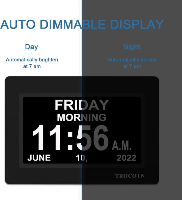 [14] Digital Clock with Date and Week, Calendar with Weekday Display (7 Inch Black) Black