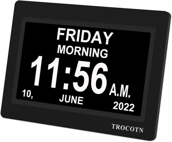 [14] Digital Clock with Date and Week, Calendar with Weekday Display (7 Inch Black) Black