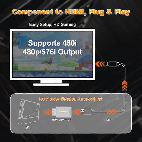 BitFunx Ypbpr til HDMI-kompatibel omformer for Nintendo Wii NTSC PAL Retro spillkonsoll Mini videoadapter Plug and Play Gray