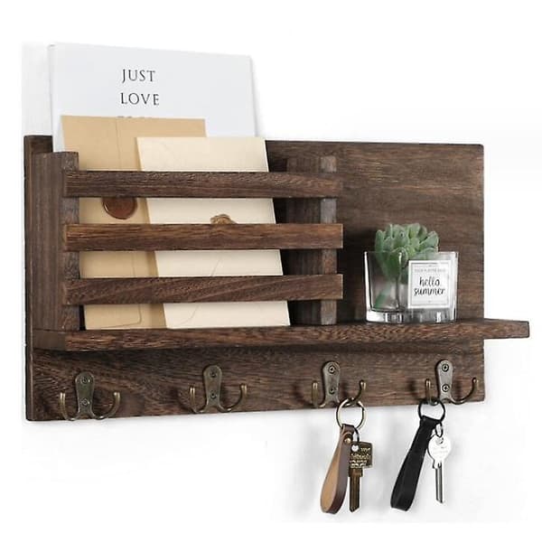 Key Holder for Wall with Shelf has Large Hooks brown