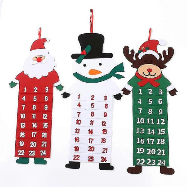 Julkalender 24 fickor med prydnader av tomte, älg och snögubbe