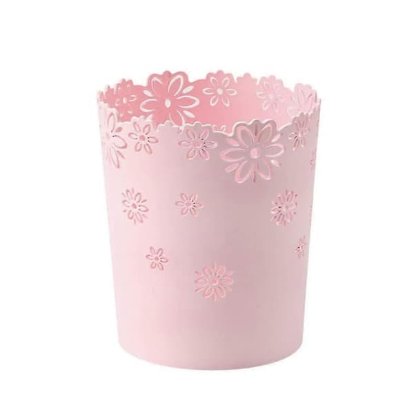 Round Plastic Trash Can, Hollow, Lace, for Office. (1-Pack Pink)