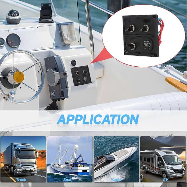 Vippebryterpanel 3-gjengs LED vanntett DC12V-24V med display sikringsboks for båt marine