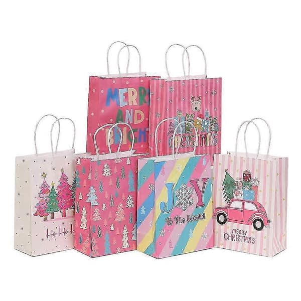 Rosa julmönstrade presentpåsar i kraftpapper, 24-pack