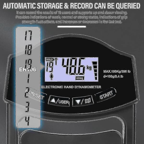 Digitalt grepstyrkemåler Dynamometer 180kg/396lbs med LCD-skjerm USB