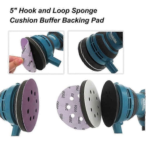 6 stk 5 tommers borrelås svamppute for slipeputer 8-hulls design 125 mm
