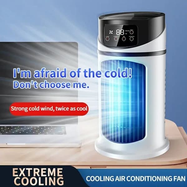 3-i-1 Mini Aircondition Ventilator, Bordventilator med Luftfugter og Isdamp, USB, Støjsvag Køling