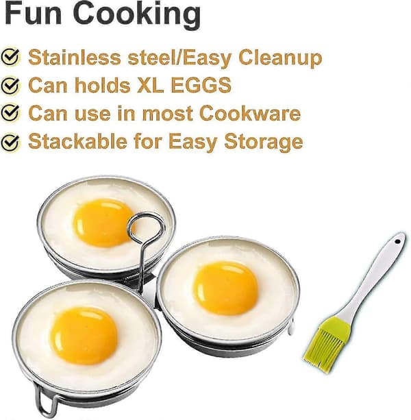Runde eggekokeringer, posjert eggmaker i rustfritt stål for 3 egg