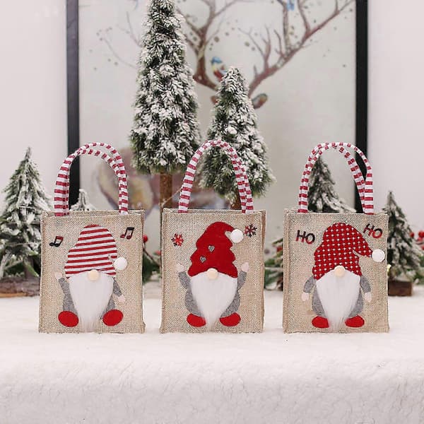 Julklappspåsar i säckväv, 3-pack med klassiska julmotiv av tomtar