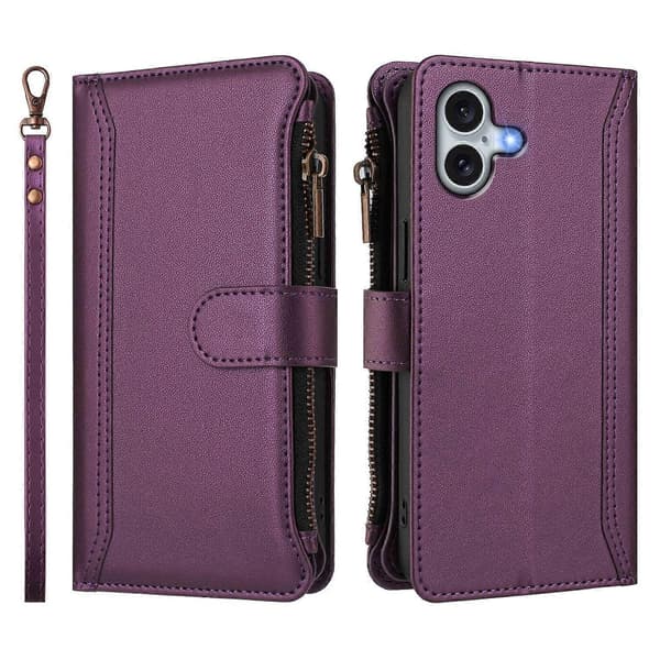Læderetui til iPhone 16 Plus med 9 kortpladser, lynlåspung, stativ og håndledsrem Multicolor Purple
