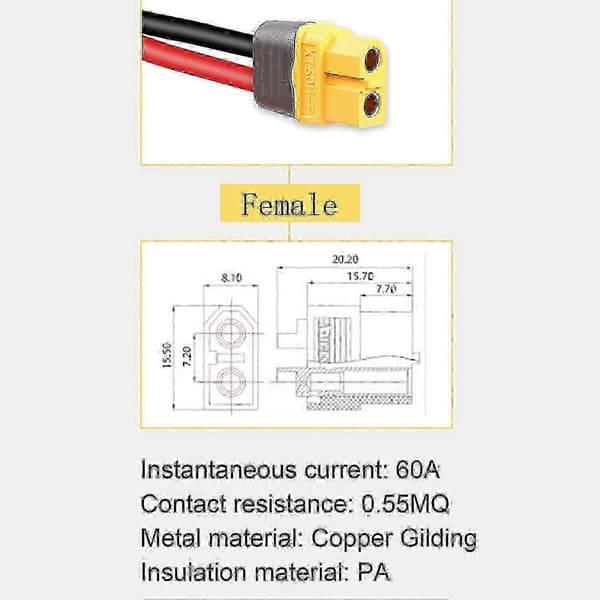 Solcellepanelkontakt til XT60 12AWG adapterkabel, for bobil solcellepanel bærbar kraftstasjon solcellegenerator - 1,5M 4,9Ft