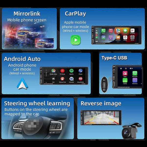 6,9\" Single Din Bilstereo med Trådlös Apple CarPlay Bluetooth USB