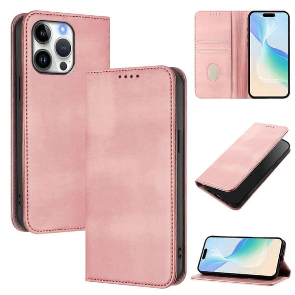 For iPhone 16 Pro Max Lommebokvesker Retro Tekstur RFID-blokkerende Skinntelefondeksel Multicolor Pink