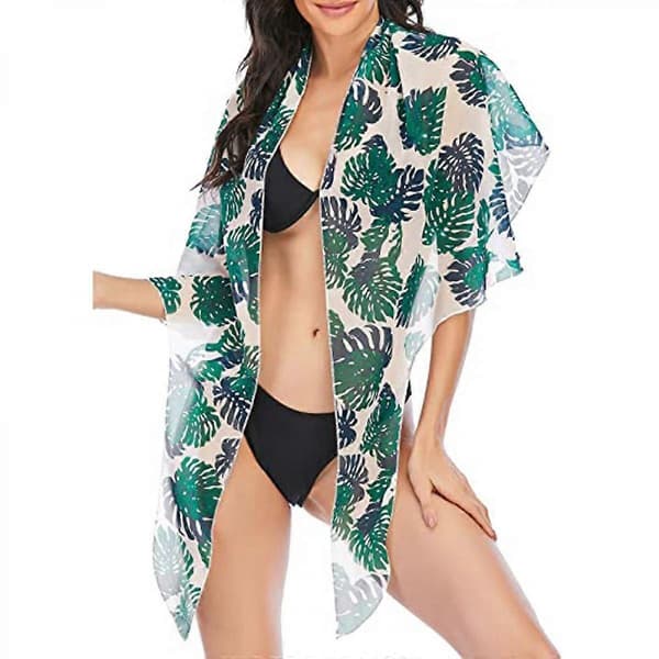 Dam baddräktstäckning Sommar Strand Wrap Kjol Badkläder Bikini Cover-ups (Grönt Löv Blomma)