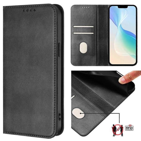 Til iPhone 16 Pro Max Pungetuier Retro Tekstur RFID Blokerende Læder Telefoncover Multicolor Black