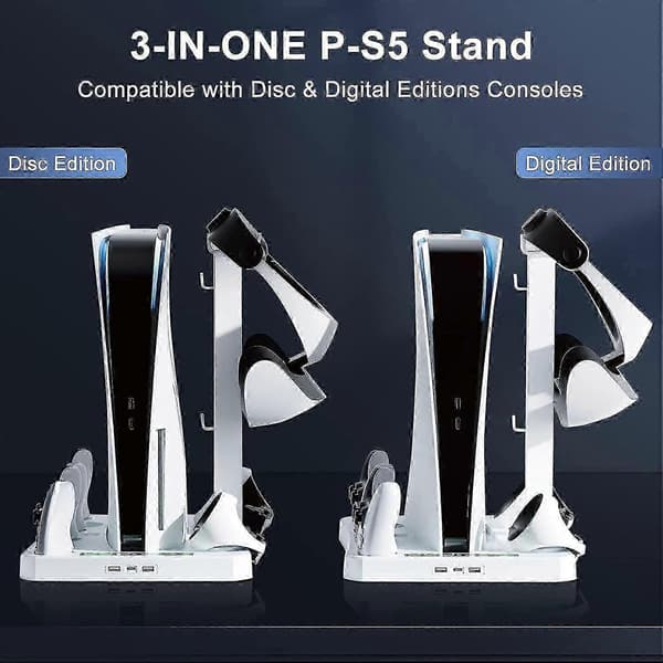 PS5 tilbehørsstander med VR2 ladestation og brilleholder til alle modeller White