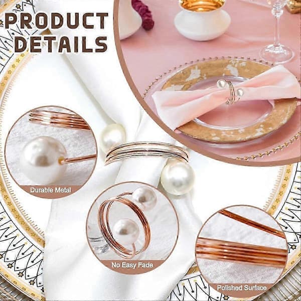 20-pack servettringar i roséguld med pärlor