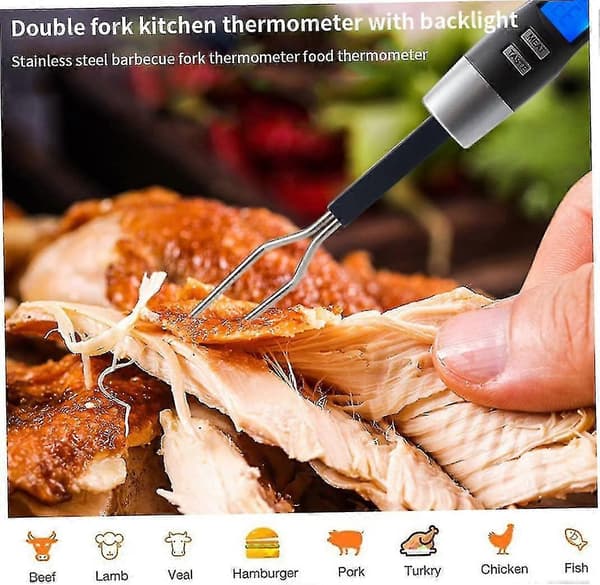 Digital kötttermometergaffel i rostfritt stål med bakgrundsbelysning för grillmatlagning