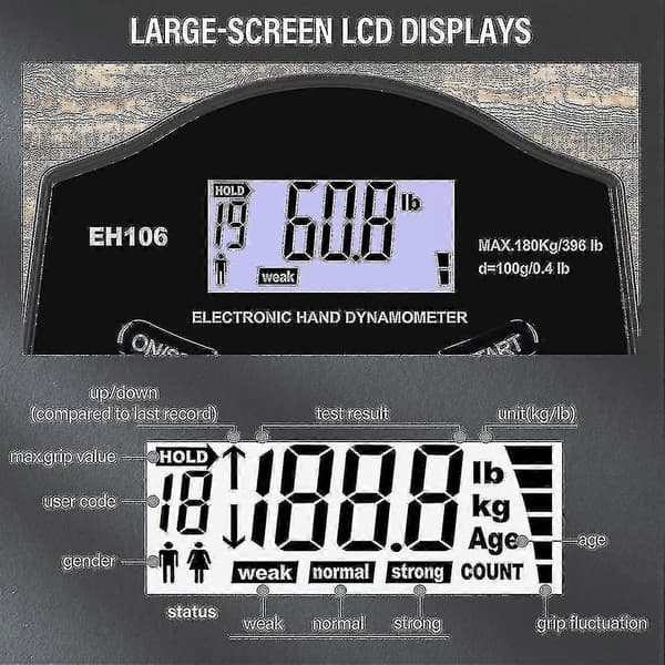 Digitalt grepstyrkemåler Dynamometer 180kg/396lbs med LCD-skjerm USB