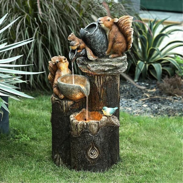 Solar-Powered Squirrel Stacked Waterfall Fountain with LED Lights and Pump